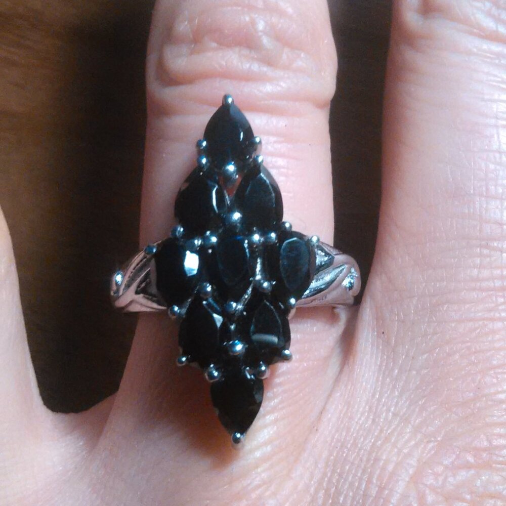 Thai Black Spinel Stainless Steel Elongated Diamond Shape Cluster Ring (Size 7)
